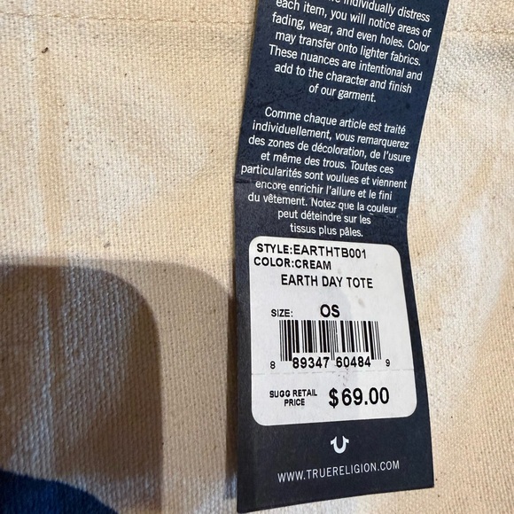 True Religion Beige Tote with Navy Wave Design - Picture 4 of 4